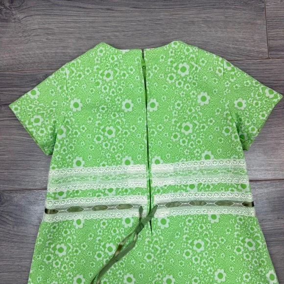 Vintage Handmade Girls 3T Green Floral Lace Shift Dress Short Sleeve Retro 70s - Picture 3 of 14